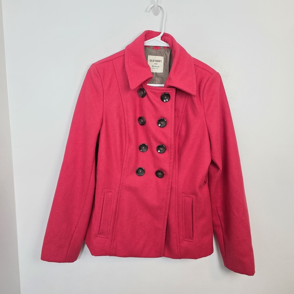 Old Navy Pink Red Wool Blend‎ Double Breasted Preppy Outdoor Pea Coat Size M